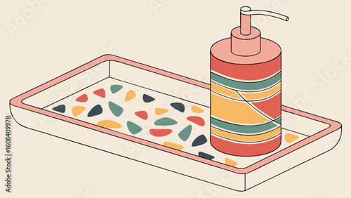 Soap dispenser on a patterned tray with colorful geometric shapes and a pink trim design element