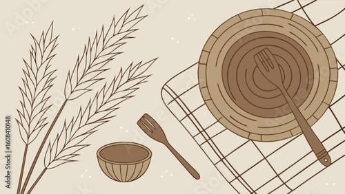 Still life featuring wheat stalks a bowl a plate and a fork on a checkered tablecloth design