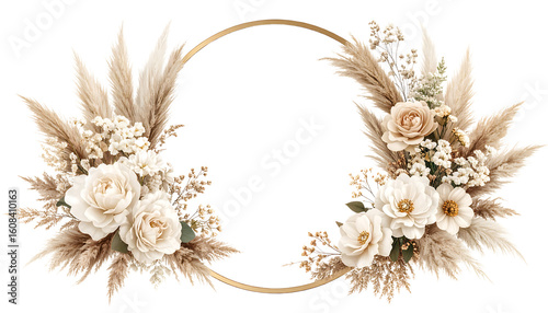 Elegant cream and beige floral wreath in a gold ring frame isolated on transparent background.
