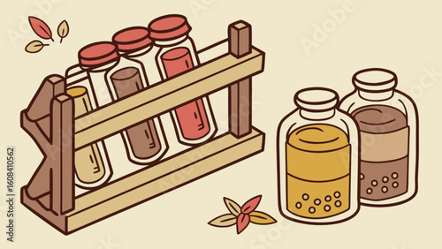 Illustration of jars with colorful liquids in a wooden rack and two jars on the side view drawing