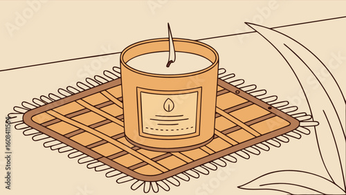 Illustration of a lit candle on a woven mat with a plant leaf in the background on a beige surface