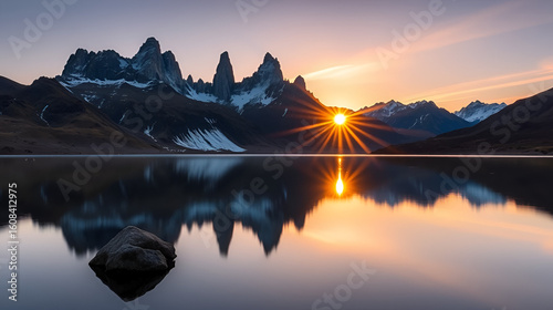 Sunrise on the towers of Paine reflected in Lago Amarga in Torres del Paine National Park; Patagonia, Chile