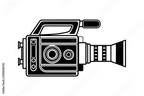 Retro video camera silhouette with handle and lens