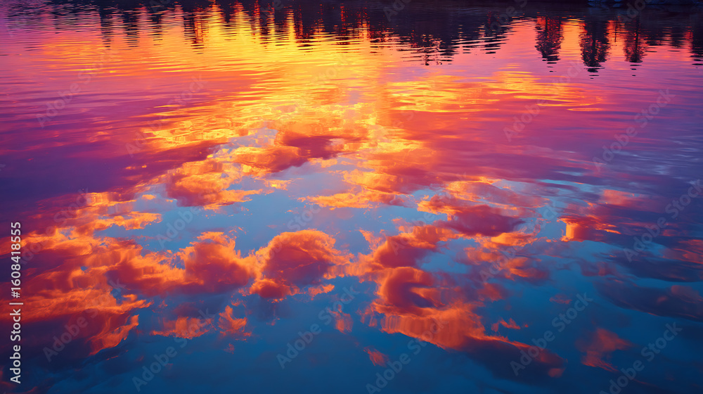 Fototapeta premium pink and orange clouds reflected in still water