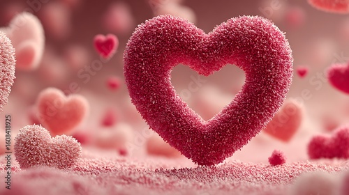 Romantic wallpaper with central floating big heart formed by countless little bright hearts
