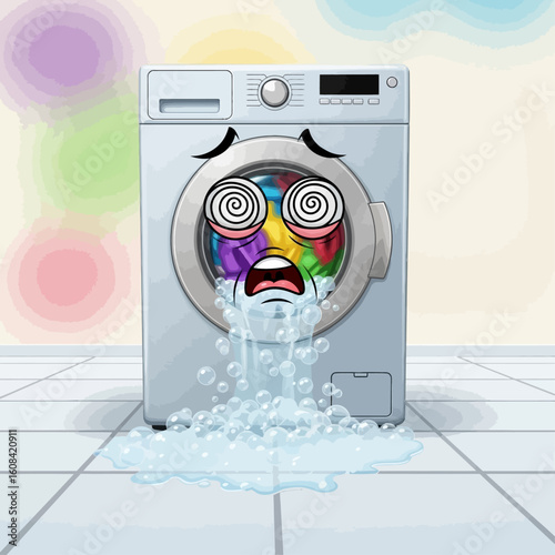 Humorous cartoon washing machine character with dizzy eyes, overflowing with soapy water. A funny concept of appliance breakdown and laundry disaster.