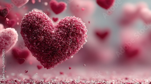 Valentines theme with festive background and floating hearts combining into single large heart