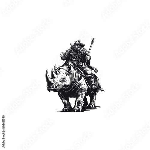 engraving illustration of a wise hermit riding on the back of a powerful rhino