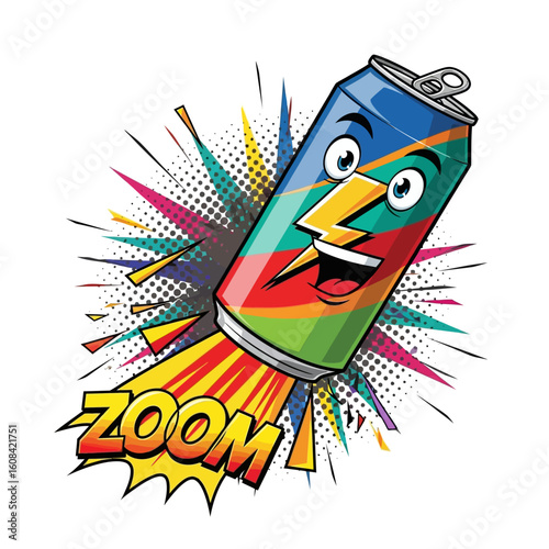 Cartoon energy drink can character flying like a rocket with speed. Pop art illustration with a 'zoom' sound effect and lightning bolt.