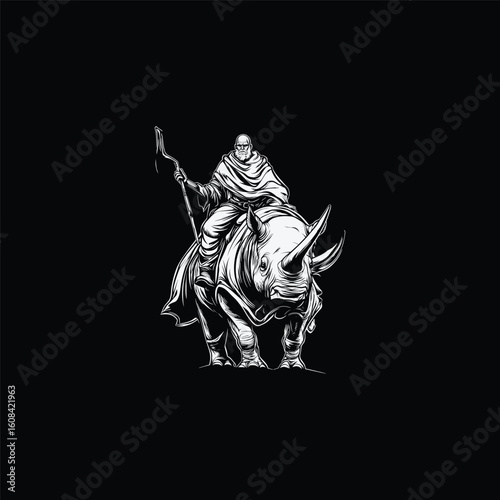 engraving illustration of a wise hermit riding on the back of a powerful rhino