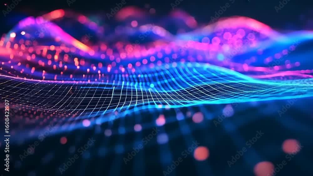 Colorful abstract digital waves with glowing particles creating a mesmerizing visual effect
