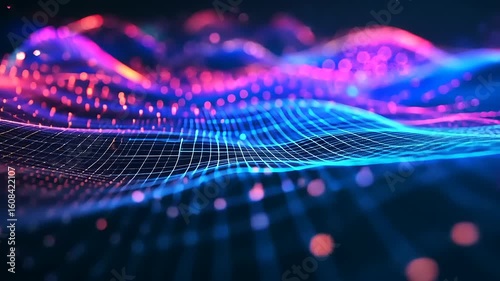 Colorful abstract digital waves with glowing particles creating a mesmerizing visual effect