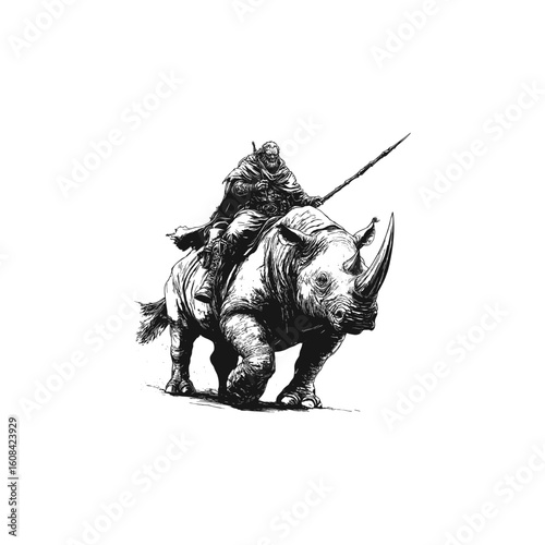 engraving illustration of a wise hermit riding on the back of a powerful rhino