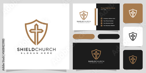 shield church line style logo vector design and business card