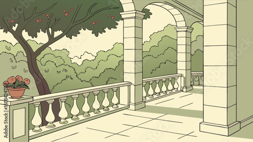 Illustration of a beautiful garden terrace with stone pillars and balustrade architecture scenery view