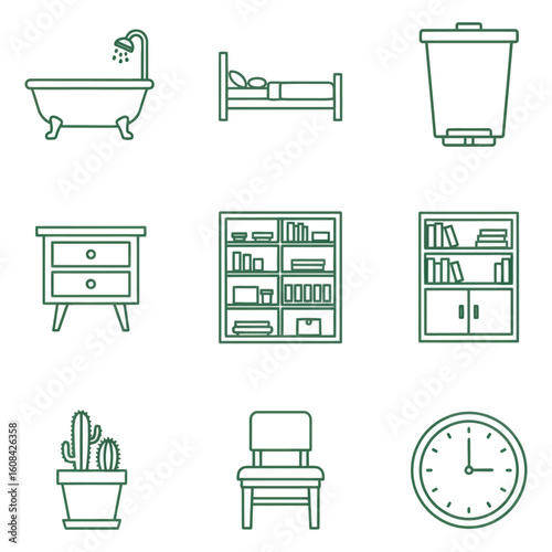 A collection of nine minimalist line art icons depicting various household objects and furniture, including a bathtub, bed, trash can, nightstand