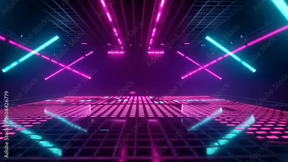 Glowing digital lines create an abstract light wave pattern with a blue animation on a dark background, perfect for a modern technology show or concert design