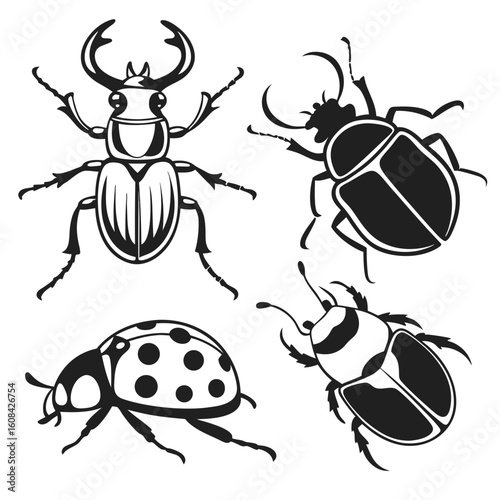 Set of beetle silhouettes including a scarab isolated on white background
