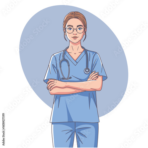 A confident young female doctor or nurse in blue scrubs and glasses, standing with her arms crossed and a stethoscope around her neck.