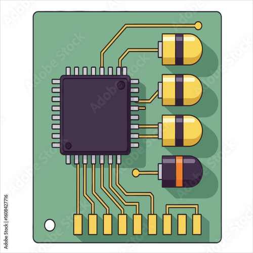 A detailed illustration of a green printed circuit board featuring a central black integrated circuit chip connected to several yellow and black capacitors.