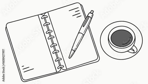 Notebook with pen and coffee cup illustration for blog writing and creative journaling concept design idea