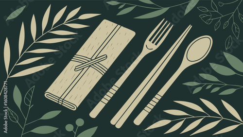 Reusable cutlery set with bamboo case and green foliage background eco friendly zero waste lifestyle concept