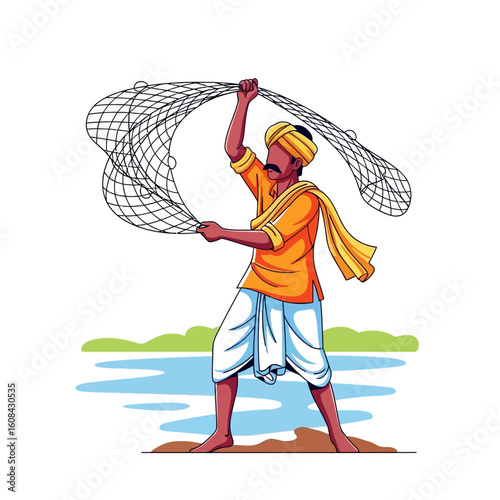 A man in traditional clothing casts a fishing net near the water.