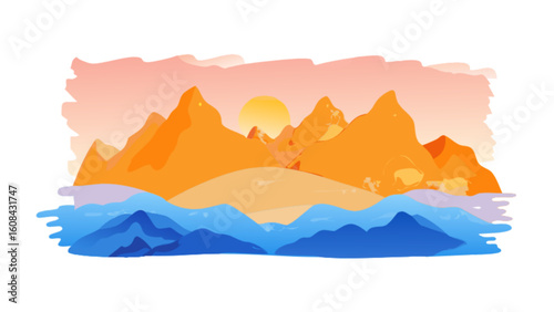 Watercolor landscape painting of mountains and sea at sunrise scenic view art background vector design