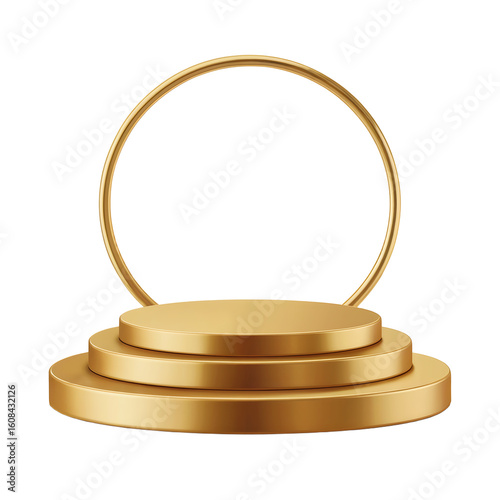 Golden podium with circular frame isolated on a transparent background