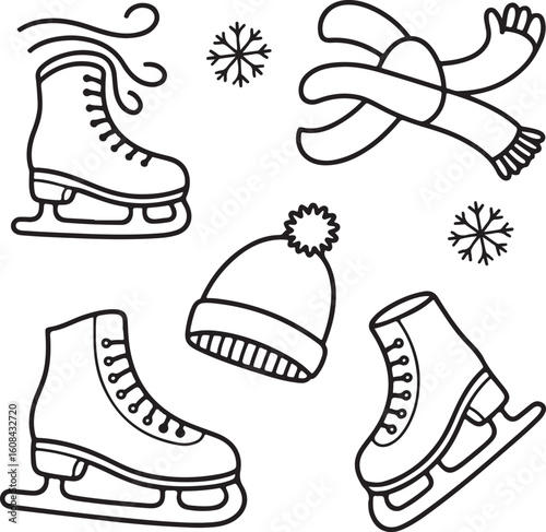 Ice Skating Essentials Doodle Icon Set Skates, Gloves, Rink, Winter Hat, and Skater Poses in Line Art Style