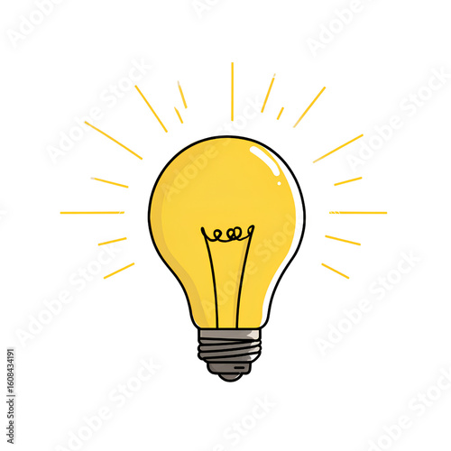 Glowing Yellow Idea Bulb with Light Rays, Flat Vector Style, Isolated on Transparent Background png