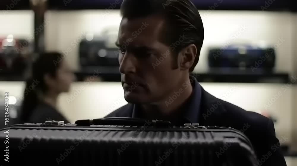 Man examining a dark-colored suitcase in a store