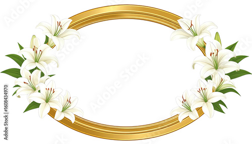 Gold oval frame adorned with white lilies and greenery isolated on transparent background.