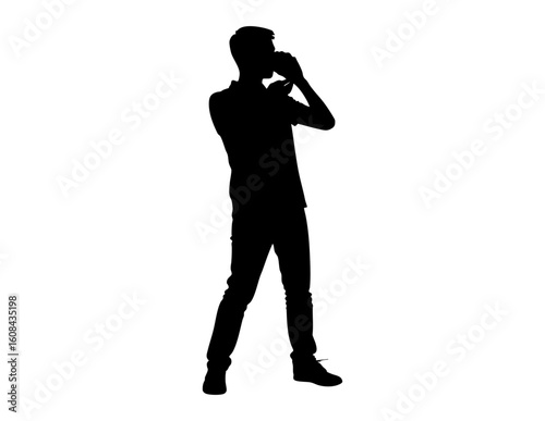 Black silhouette male holds object to mouth. Suitable for health/medical content, smoking cessation campaigns, or communication related designs.