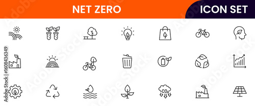 Net zero vector line icons featuring sustainability, environment, social responsibility, governance, recycling, renewable energy, ethics, community, and corporate accountability concepts.
