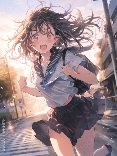 Energetic Schoolgirl Running in the Morning Sunlight
朝日を浴びて走る元気な女子学生