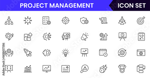 Project management vector line icons featuring timelines, tasks, teams, goals, milestones, reports, collaboration, resources, planning, and progress tracking elements.