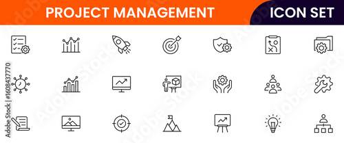 Project management vector line icons featuring timelines, tasks, teams, goals, milestones, reports, collaboration, resources, planning, and progress tracking elements.