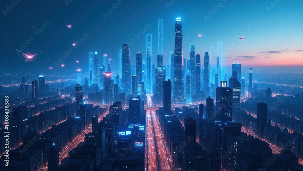 Fototapeta premium Luminous Futuristic Cityscape at Dawn