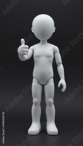 white humanoid figurine giving thumbs up against dark background in minimalist style