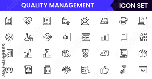 Quality management vector line icons featuring inspections, checklists, standards, testing, certifications, audits, processes, improvements, compliance, and product accuracy symbols.