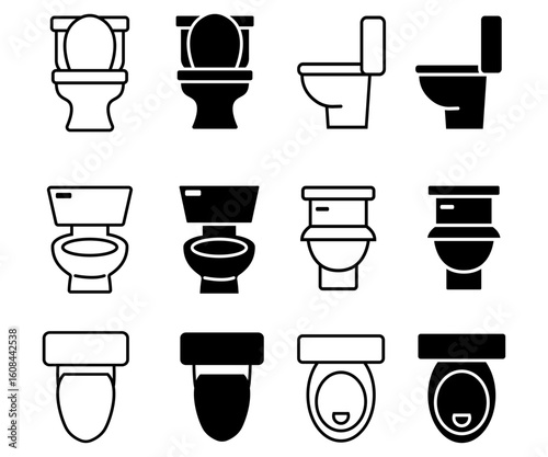Bathroom restroom toilet seat flat silhouette icons collection