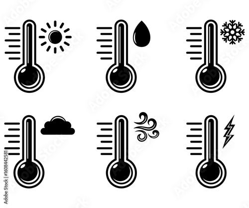 Thermometer showing temperature indicator weather hot wind cold cloudy silhouette hand drawn illustration