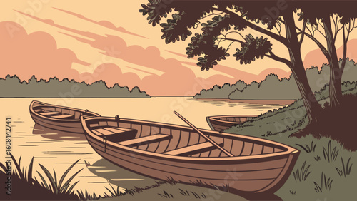 Vintage lake scene with rowboats illustration for travel poster and scenic landscape art print design idea