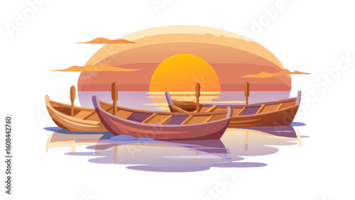 Sunset boats on water vector illustration peaceful lake scene with rowboats calm sea landscape design