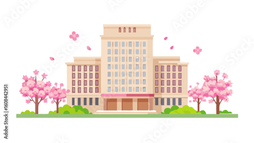 Beautiful japanese school building with cherry blossom trees vector illustration for education and travel