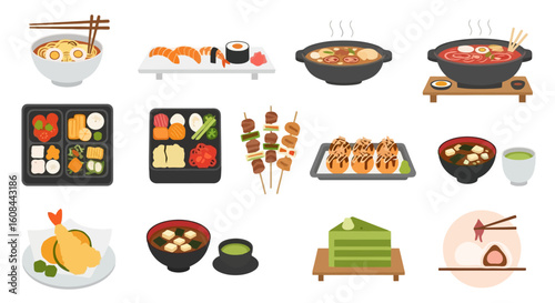 Japanese Cuisine Flat Lay: Bento, Ramen, Sushi, and More
