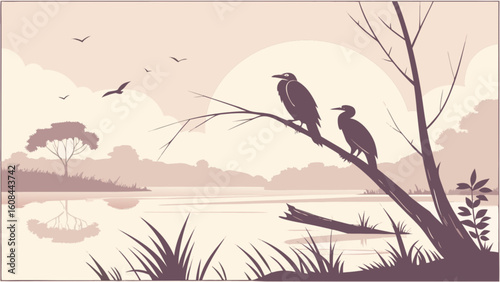 Birds silhouette landscape vector illustration nature scene sunset lake tree wildlife art design graphic background
