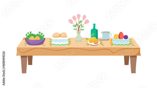 Still life easter table arrangement with cakes fruit flowers and drinks for holiday celebration design