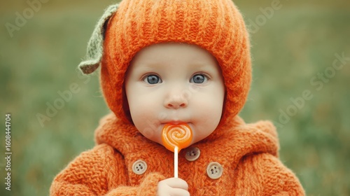 Cute Child with Orange Sweater and Lollipop in Natural Setting